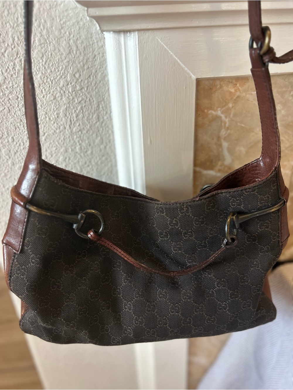 vintage Gucci GG Canvas Horsebit Drawstring Shoulder Bag